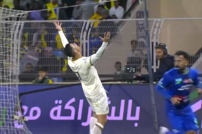 Cristiano Ronaldo pictured looking frustrated after missing a chance to score for Al Nassr against Al Fateh in February 2023